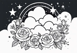 Clouds with tesseract inside and small roses and stars around it going vertically tattoo idea