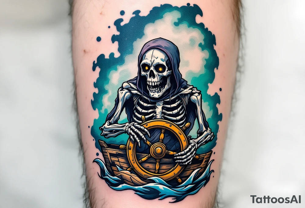 Skeleton Helmsman – A decayed pirate skeleton, gripping the wheel of a wrecked ghost ship, surrounded by misty blue and green fog. His hollow sockets burn with an undead curse, while the ship sails through stormy waves. tattoo idea