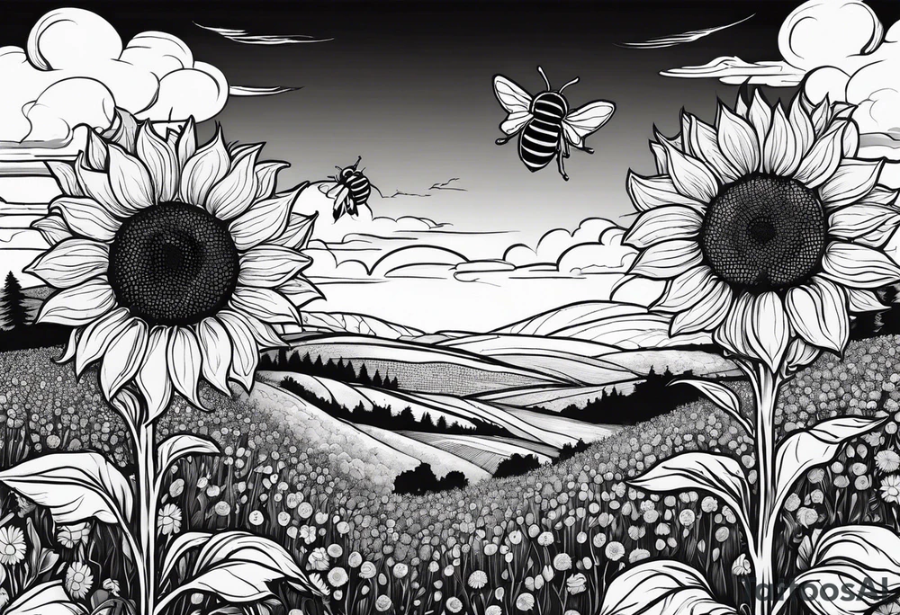 dream like sunflower meadow with distant hills and sunset. two large fuzzy bumble bees occupy the sky with beautiful clouds tattoo idea dream like sunflower meadow with distant hills and sunset. two large fuzzy bumble bees occupy the sky with beautiful clouds tattoo idea