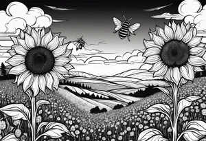 dream like sunflower meadow with distant hills and sunset. two large fuzzy bumble bees occupy the sky with beautiful clouds tattoo idea