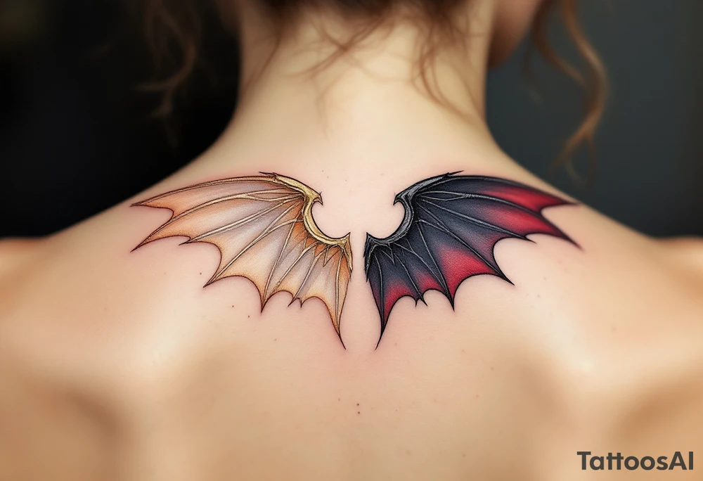 A pair of wings split down the middle—one side an angelic white feathered wing, in soft golden hues, and the other a dark bat-like wing, with deep black and red undertones. The two halves merge at the center, representing the balance of light and darkness. tattoo idea