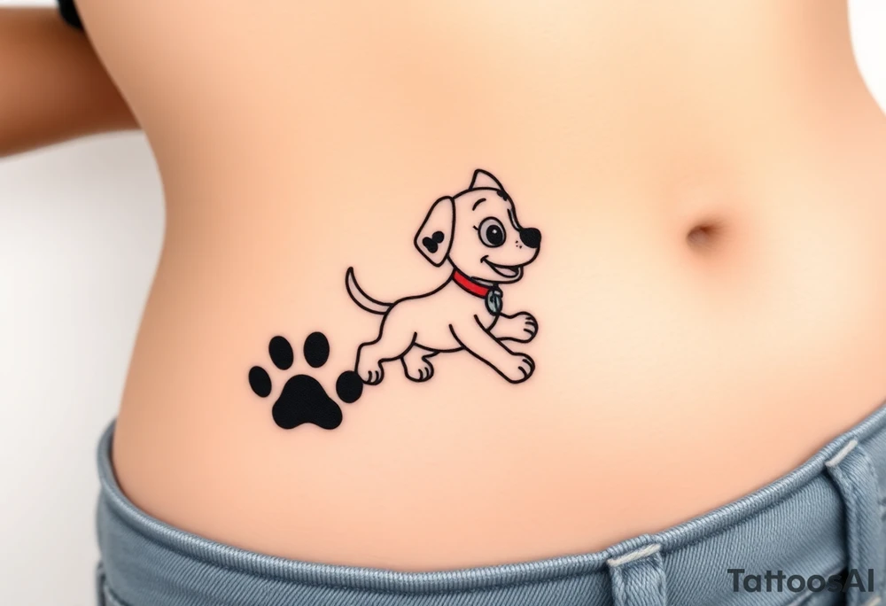 Walking away Paw Patrol member leaving a realistic textured paw print behind him. tattoo idea