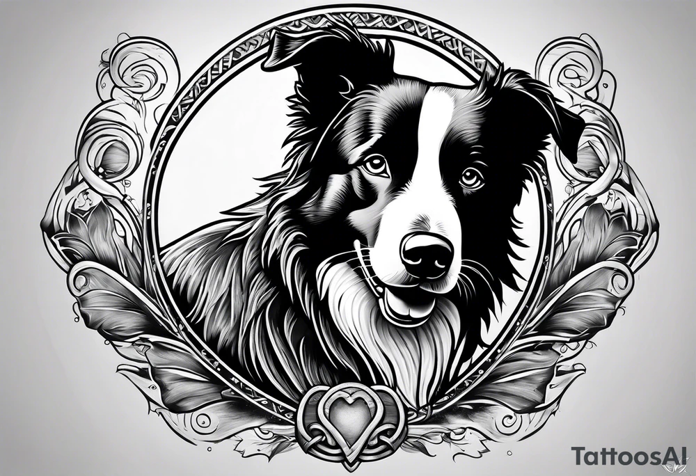 Tattoo of a border collie Muay Thai symbol in the back ground tattoo idea