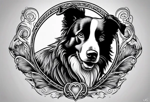 Tattoo of a border collie Muay Thai symbol in the back ground tattoo idea