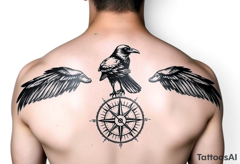 a raven stands on a compass. tattoo idea