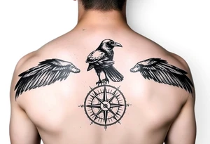 a raven stands on a compass. tattoo idea
