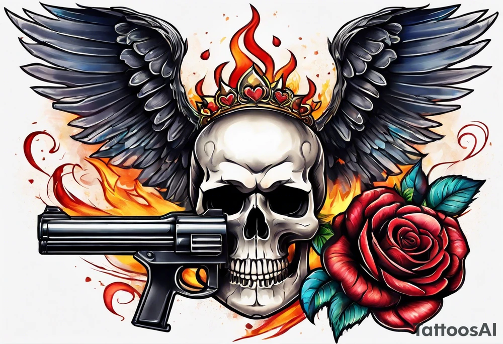 skull with a gun a  rose and dominated by a  heart with wings and  flames coming out of the top of it tattoo idea