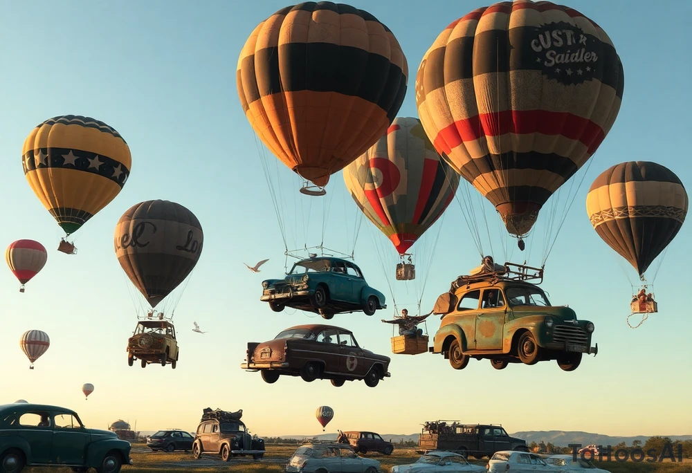 in a very steam punk vibe i want you to make a picture of a bunch of old beat up cars with people lounging in them and garbage and junk all up in and on them, tied to hot air balloons floating in the sky right about dusk and they are as far as the eye can see i want the cars to be floating as if they were the basket to the hot air balloons and the hot air balloons are all different colors and patterns and some are old and patched and i dont want to see the ground at all  i want this to be a scene that is up in the sky with them all floating under the balloons like it is in a dream and every single balloon in the picture is attached to a different old car, and some of the cars you can see people kicked back with thier feet out the window and stuff on the dash of the car, and some with people hanging an arm out hte window some have cigarrette smoke coming out the window, and the balloons all are different but every single car is floating high in the sky and i dont want there to be too many balloons and cars, just a few close together, and the rest ll are smaller and off in the distance 

and it should look like i too am in a car attached to a hot air balloon floating along as well and there should be no ground in sight,... because each one is hiigh in the sky, on a long voyage together i dont want to see the ground from the posistion no ground only sky tattoo idea