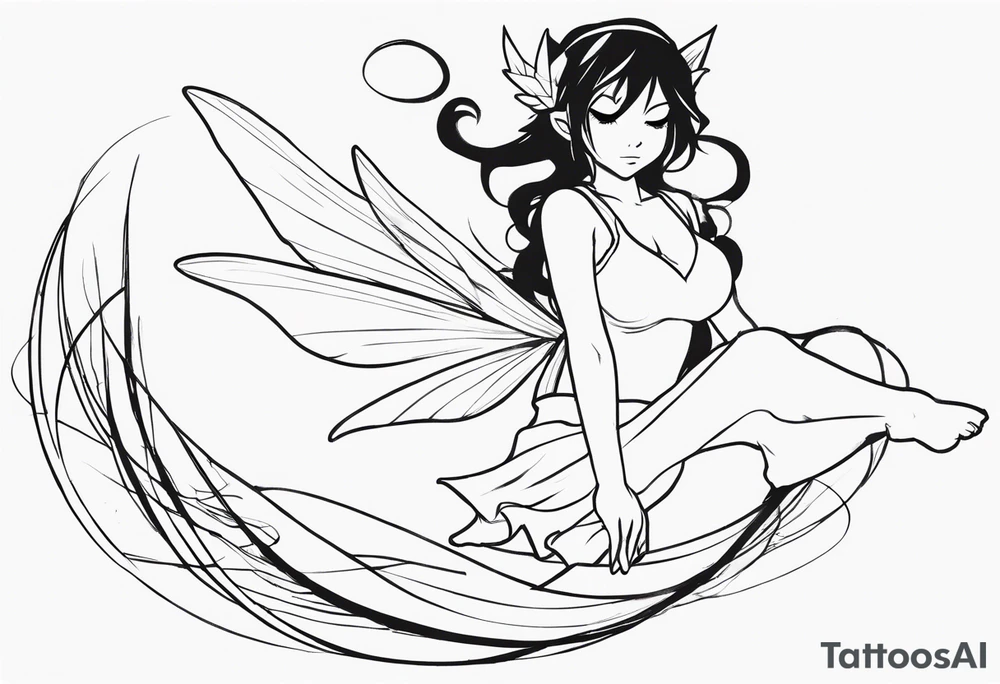 No color sideways sketch of a fairy with a tail inspired by the guild symbol in the anime show called Fairy Tail in a fetal position leaning forward while crawled in with hands a bit forward and her body is an angle while floating in the air tattoo idea