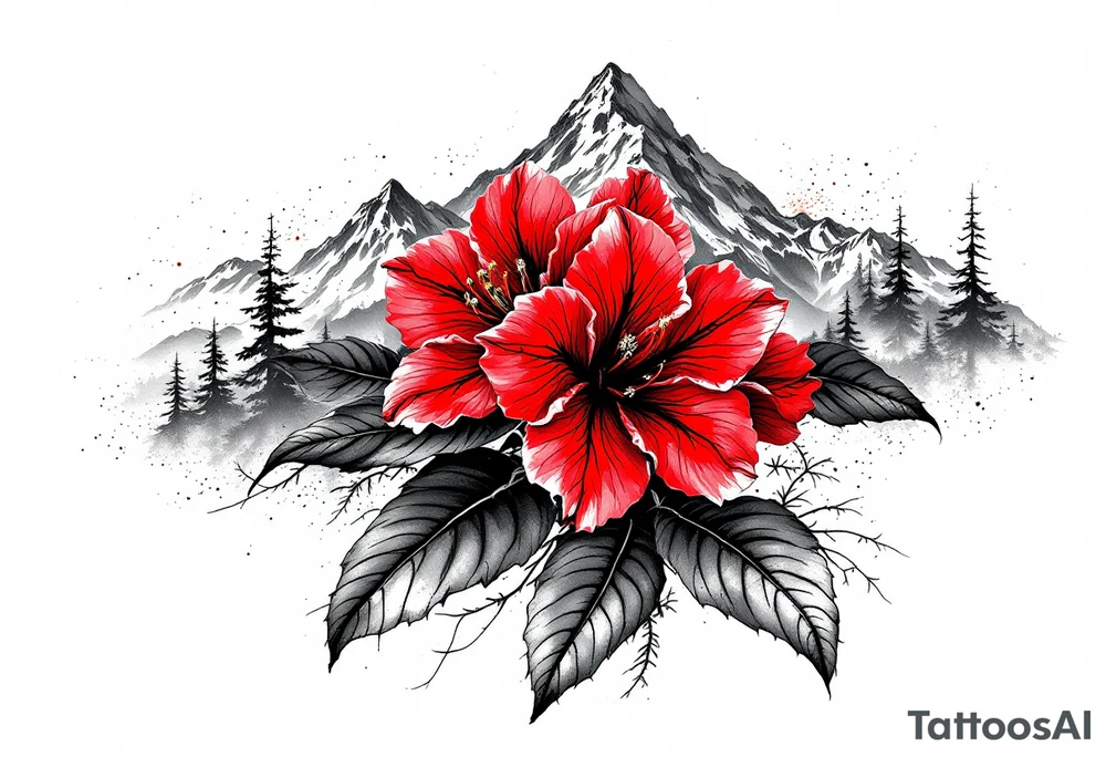 vertical wrist size red  and black rhododendron trippy with Himalayas behind tattoo idea