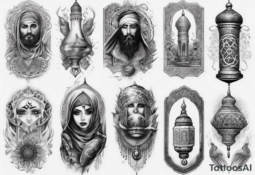 Full sleeve arabic theme realistic tattoo idea