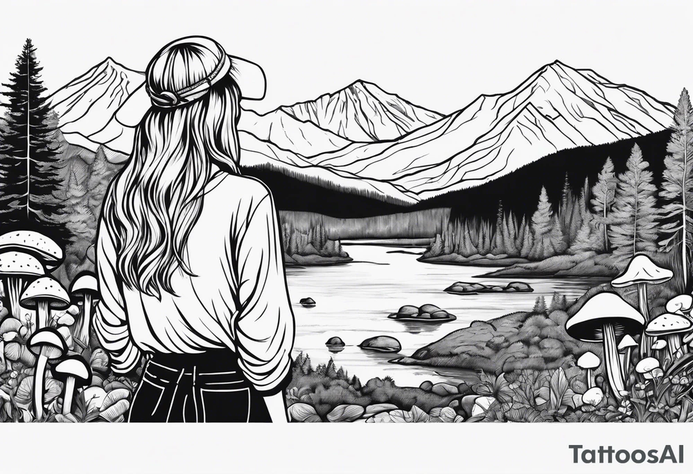 Whole picture encircled fully

Straight long blonde hair hippie girl in distance holding mushrooms in hand facing away toward mountains and creek surrounded by mushrooms long sleeve shirt and hiking pants; whole rendering within a full circle, no cut off circle tattoo idea