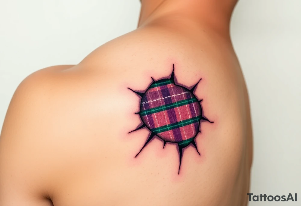 Dark Purple with green pink blue and white highlights tartan fabric on bicep with skin ripping away to reveal tartan underneath tattoo idea