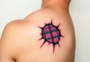 Dark Purple with green pink blue and white highlights tartan fabric on bicep with skin ripping away to reveal tartan underneath tattoo idea