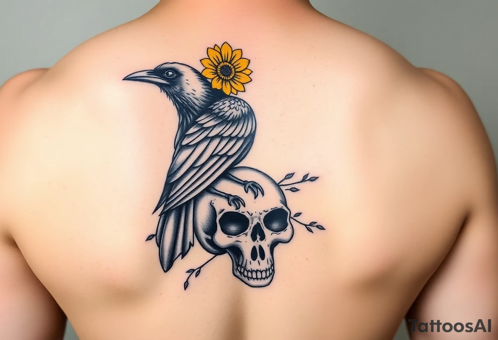 Crow with yellow flower crown, carrying a wand and perched on skull tattoo idea