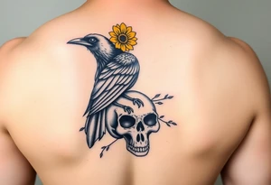 Crow with yellow flower crown, carrying a wand and perched on skull tattoo idea