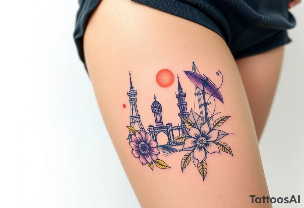 Powerful tourist tattoo with purple and yellow tattoo idea