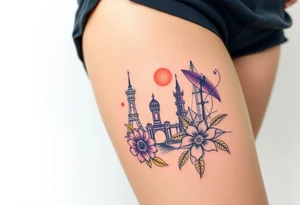 Powerful tourist tattoo with purple and yellow tattoo idea