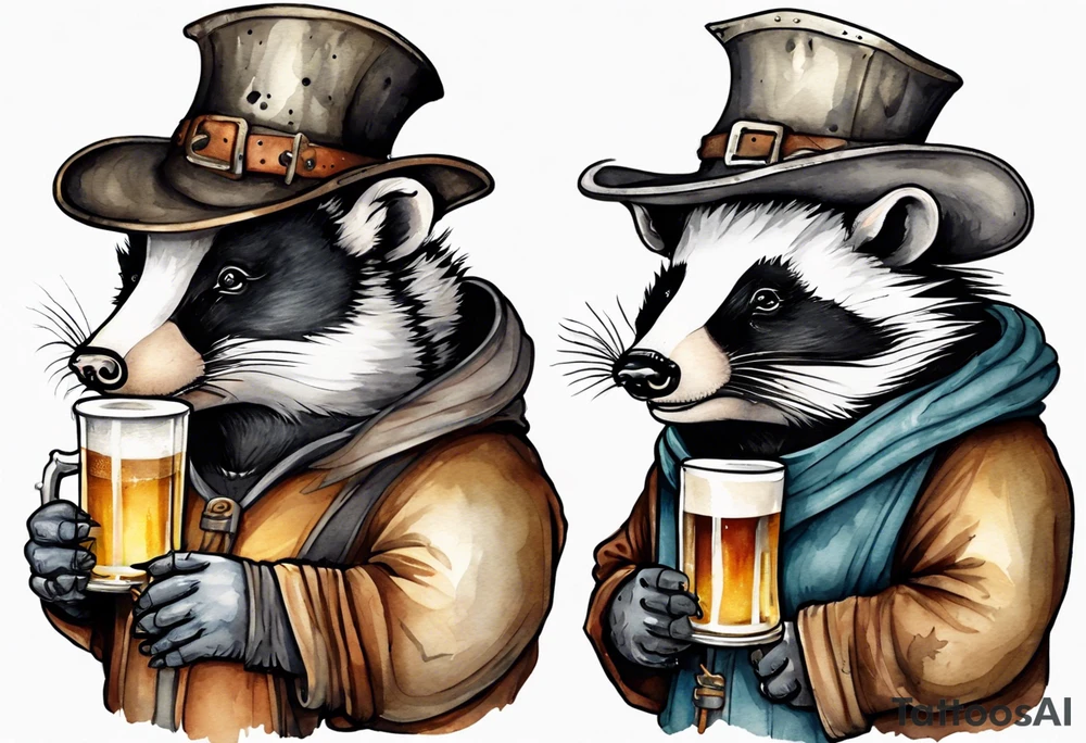 a medieval fat badger wearing a tunic and a tattered hat drinking from a pewter mug of beer tattoo idea