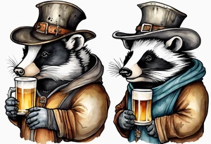 a medieval fat badger wearing a tunic and a tattered hat drinking from a pewter mug of beer tattoo idea