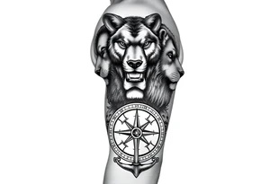 stacked wolf, bear, lion, faces; surrounded by a broken old school compass with anchor on the bottom tattoo idea