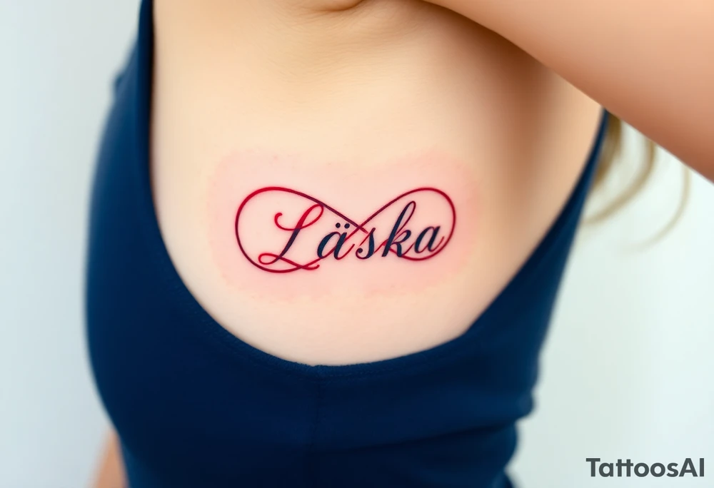 An infinity symbol with the word "Láska" in deep red blending into the design tattoo idea