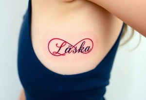 An infinity symbol with the word "Láska" in deep red blending into the design tattoo idea