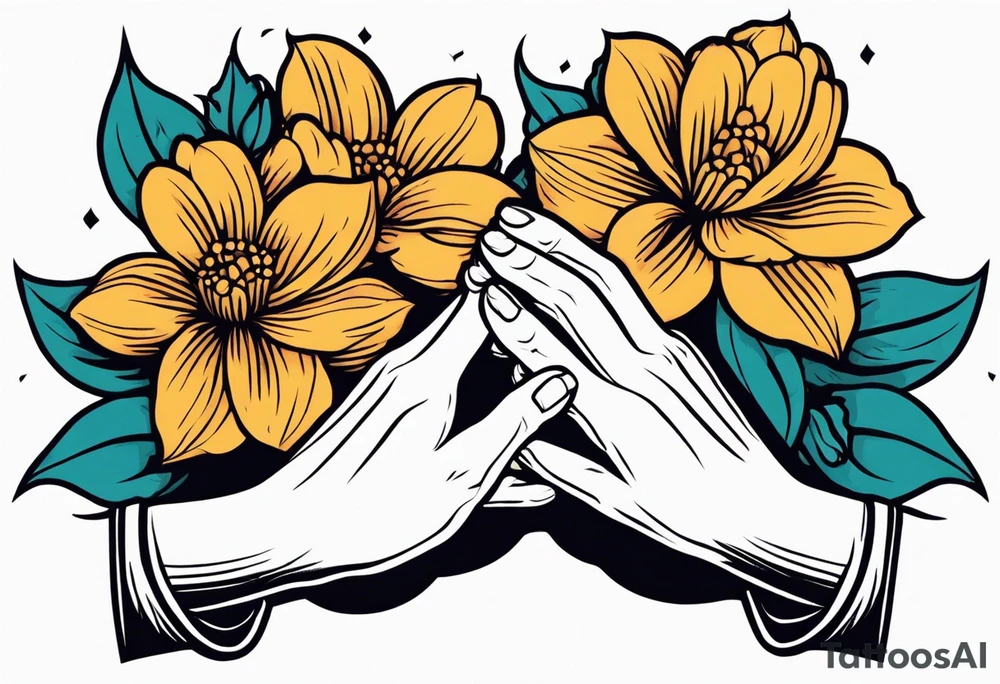two 
hands praying with flowers simple bold tradional old school style bold colors tattoo idea