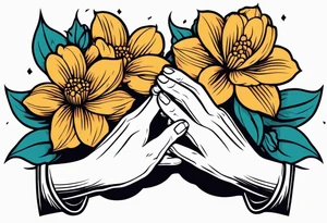 two 
hands praying with flowers simple bold tradional old school style bold colors tattoo idea