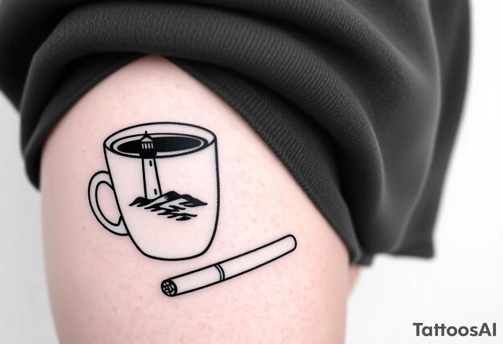 A mug of coffee
 with a picture of a 
 lighthouse on the the mug and a cigarette laying next to it tattoo idea