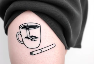 A mug of coffee
 with a picture of a 
 lighthouse on the the mug and a cigarette laying next to it tattoo idea