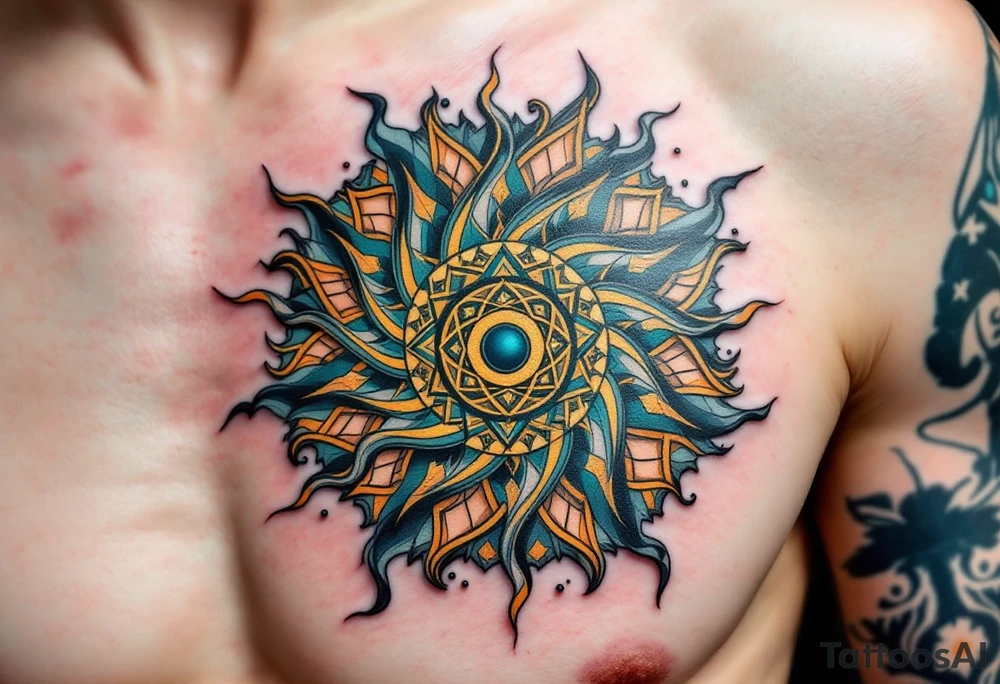A vibrant Celtic sun tattoo in teal and gold symbolizes harmony and light at the center of the chest. tattoo idea