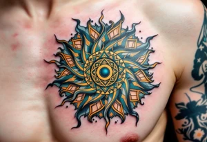 A vibrant Celtic sun tattoo in teal and gold symbolizes harmony and light at the center of the chest. tattoo idea