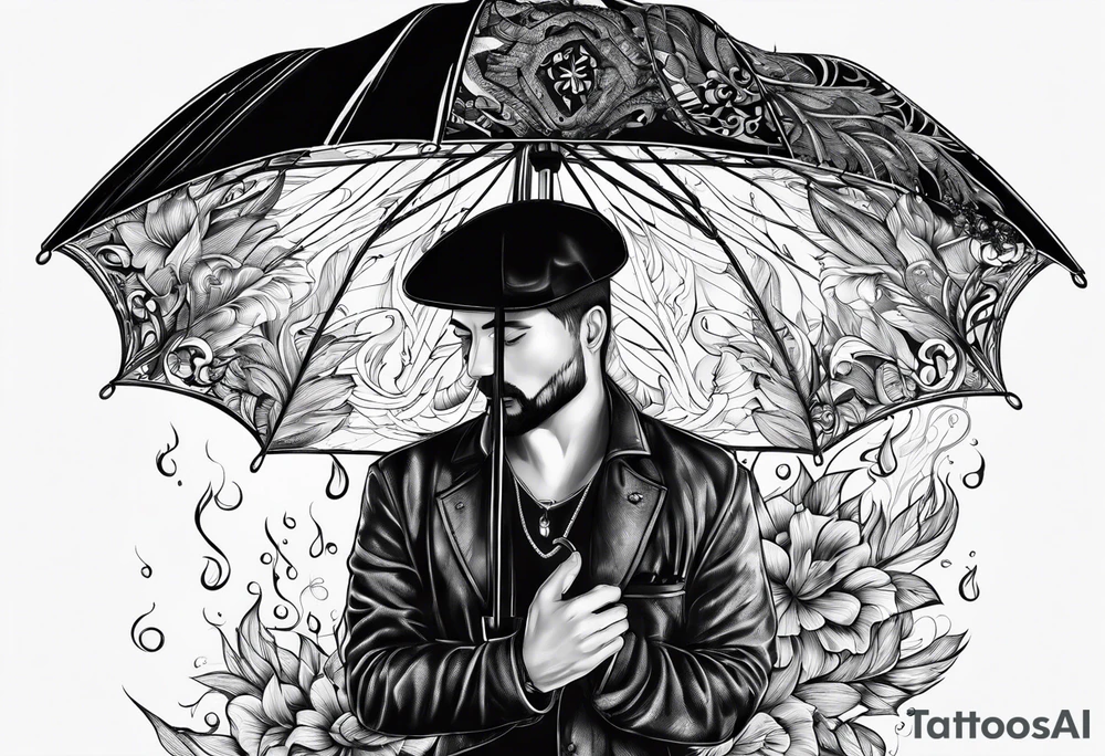 fire under an umbrella raininh tattoo idea