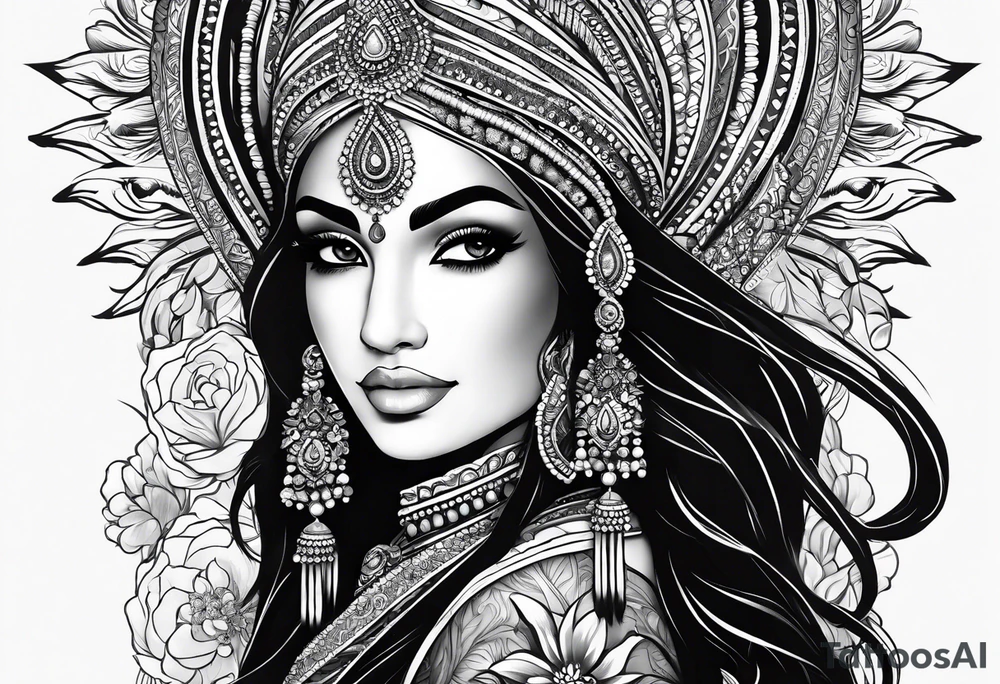 Please design a full sleeve tatto starting on my hand with a beautiful indian woman going up my arm will be her hair wrapping around my arm mixed with floral tattoo idea