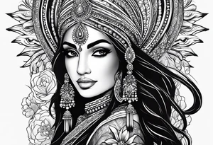 Please design a full sleeve tatto starting on my hand with a beautiful indian woman going up my arm will be her hair wrapping around my arm mixed with floral tattoo idea