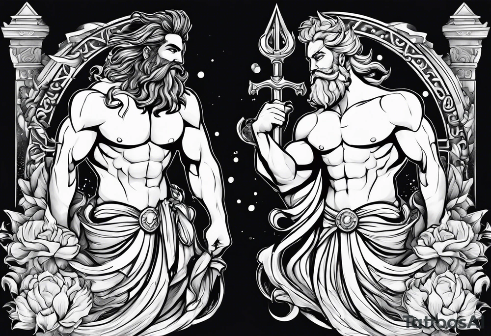 Poseidon and hades back to back with font in between and year of birth underneath tattoo idea