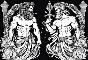 Poseidon and hades back to back with font in between and year of birth underneath tattoo idea