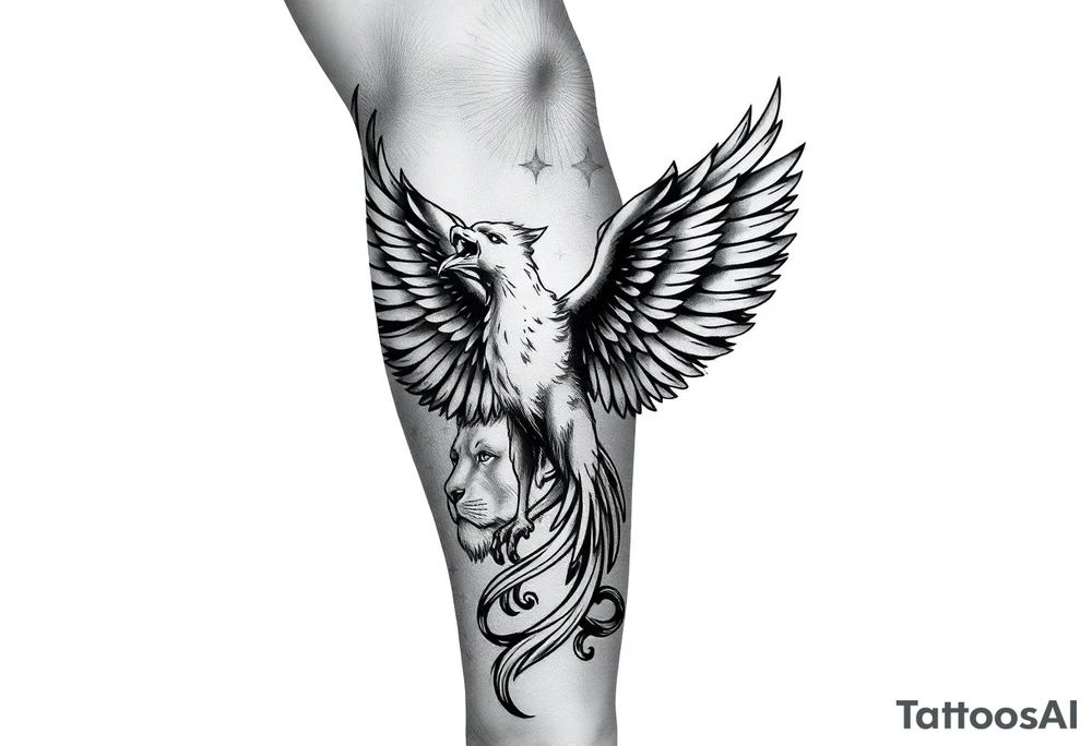 Lion face-on at forearm. phoenix face-on spreading wings evenly and rising from ashes into night sky and Leo zodiac tattoo idea
