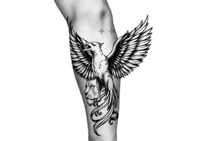 Lion face-on at forearm. phoenix face-on spreading wings evenly and rising from ashes into night sky and Leo zodiac tattoo idea