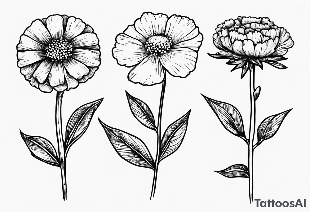 a simplistic bouquet of forget me not flowers, carnation flowers, and aster flowers with a stem that goes into the phrase “papa 09/17/52 - 01/17/24” tattoo idea