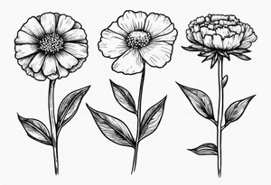 a simplistic bouquet of forget me not flowers, carnation flowers, and aster flowers with a stem that goes into the phrase “papa 09/17/52 - 01/17/24” tattoo idea