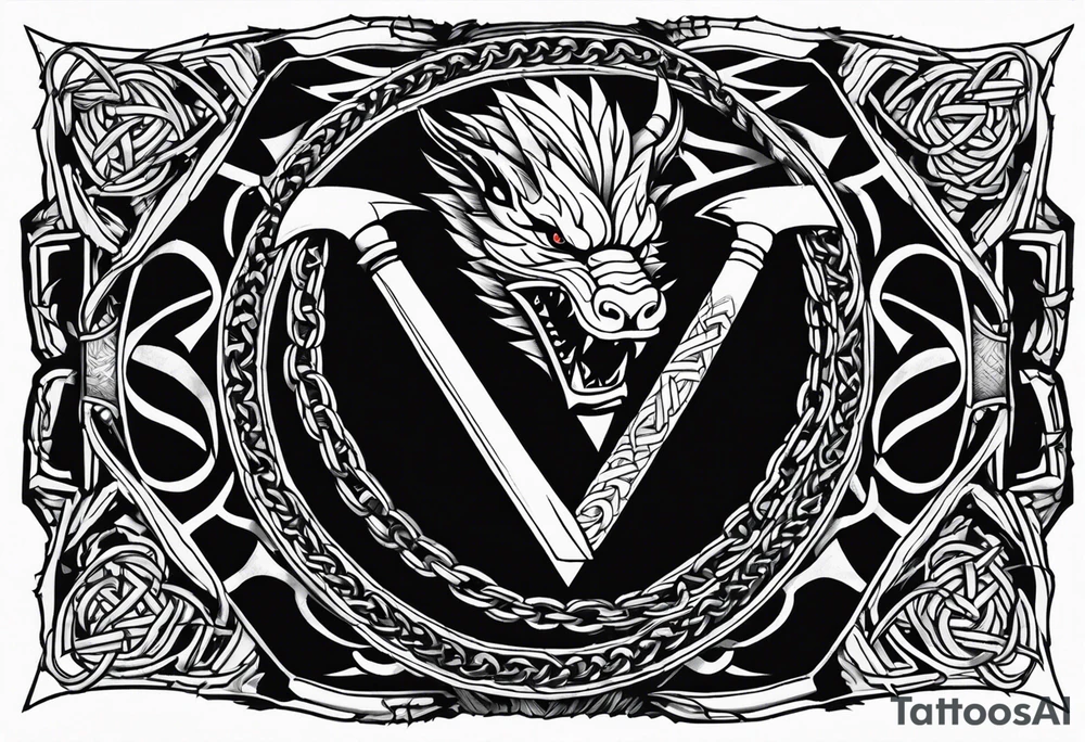 Valhalla sword shield dragon axe Valknut barbed wire chains tattoo idea Valhalla sword shield dragon axe Valknut barbed wire chains tattoo idea