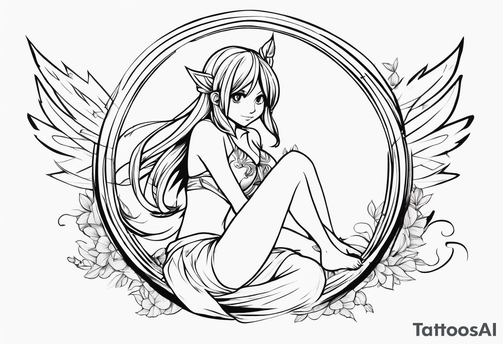 No color fairy with a tail inspired by the guild symbol in the anime show called Fairy Tail in a fetal position leaning in and forward while crawled in tattoo idea