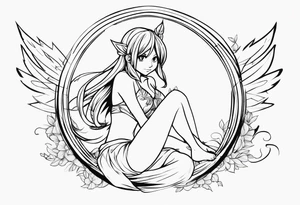 No color fairy with a tail inspired by the guild symbol in the anime show called Fairy Tail in a fetal position leaning in and forward while crawled in tattoo idea
