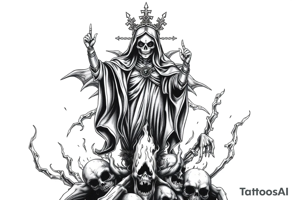 Powerful and evil Santa muerte rising from the flames and ashes of hell, surrounded by unclaimed souls tattoo idea