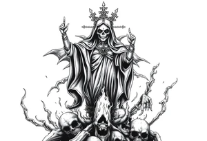Powerful and evil Santa muerte rising from the flames and ashes of hell, surrounded by unclaimed souls tattoo idea