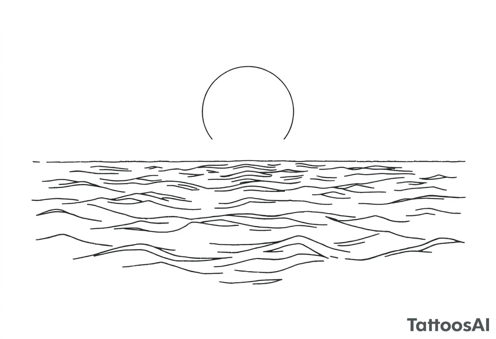 Tattoo sketch, black and white line art, marine theme. Calm sea with stylized waves, clear horizon. Above the horizon a large glowing sun or moon, with subtle Norse runes (Algiz, Raido) blended into the light. Minimalist, elegant, mythological marine atmosphere. Clean outlines, high contrast, no shading, stencil-ready, forearm tattoo design. tattoo idea
