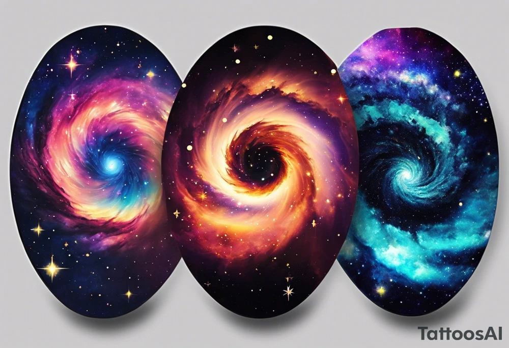 I want a spiral nebula space galaxy tattoo that's colorful and bright and cute and is nice to look at I don't want a traditional circle I want it like the ones thay look like an s shape and this tattoo will be on my left buttcheek and light colors I want more spread and less circle tattoo idea
