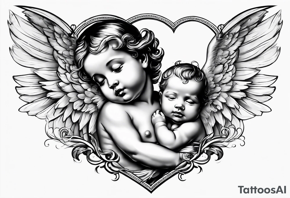 Baby Angel holding heart, side way flying with name Leah tattoo idea